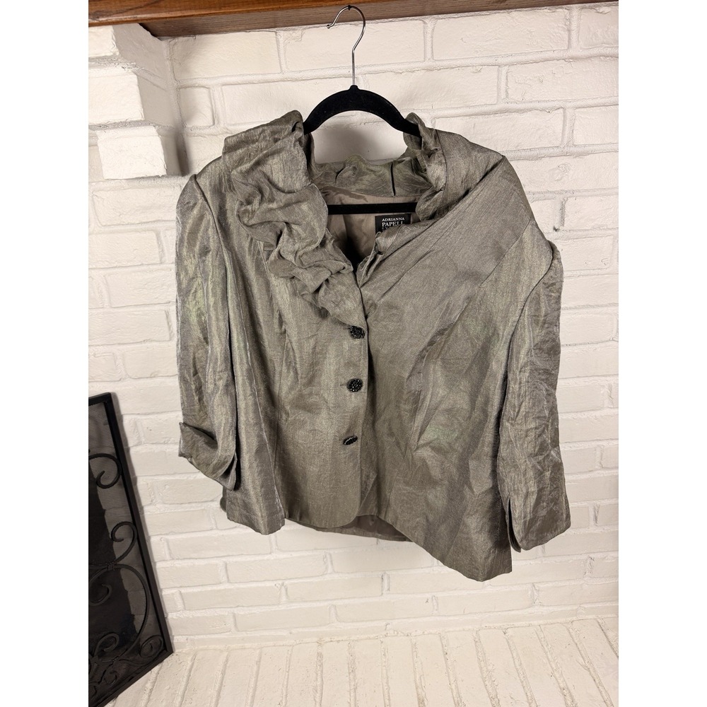 Adrianna Papell 20W Metallic Silver Ruffle Jacket Evening Formal Plus Size fabri